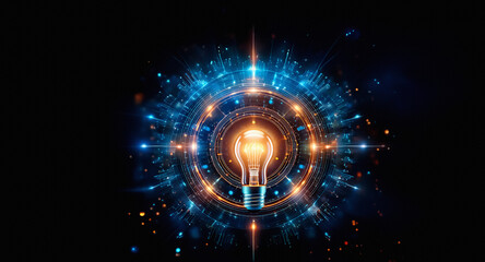 Aufkleber - A glowing lightbulb is encircled by vibrant blue and orange energy rings and particles against a dark backdrop, radiating illumination and innovation.