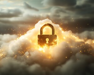 Poster - A highquality image of a shiny golden lock floating on a white cloud, surrounded by ethereal light, representing the strength and protection of data security