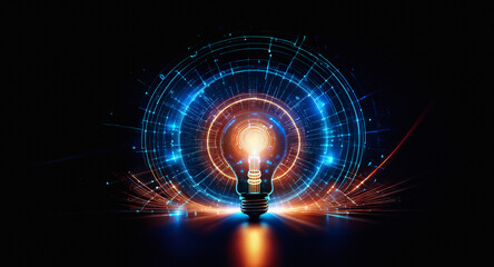 Poster - glowing lightbulb surrounded by blue digital circles radiates energy on a dark backdrop, embodying i