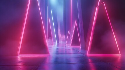 Poster - Vibrant neon geometric shapes, glowing pink and blue lights creating a dynamic, futuristic atmosphere, ideal for tech themes.