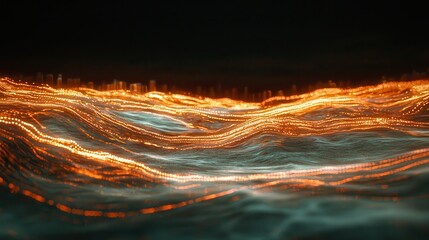 Poster - Dynamic flow of light waves abstract scene digital art dark environment aerial view motion concept