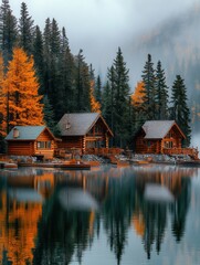 Poster - Rustic cabins surrounded by autumn trees reflecting on a tranquil lake in a mountainous region. Generative AI