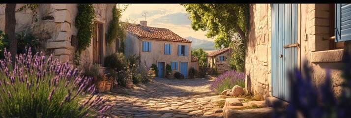 Poster - Charming cobblestone path through lavender fields in a quaint village during sunset. Generative AI