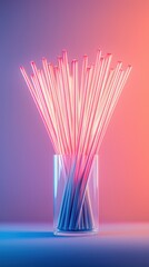 Poster - Colorful neon straws arrangement modern setting still life soft lighting artistic perspective vibrant display