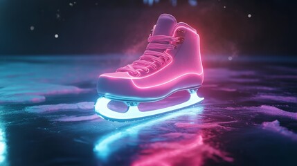 Aufkleber - Neon-lit ice skate on reflective ice surface at night, glowing pink and blue hues. Futuristic sports and recreation concept