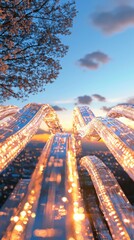 Poster - Dynamic light trails over a sunset cityscape urban digital art evening aesthetic concept