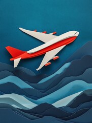 Poster - Colorful paper airplane design soaring over abstract waves in a creative art representation. Generative AI