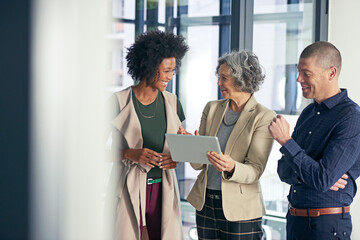 Aufkleber - Discussion, happy and business people on tablet in office for website ideas, research and online report. Corporate, meeting and women with man on digital tech for project review, planning and SEO