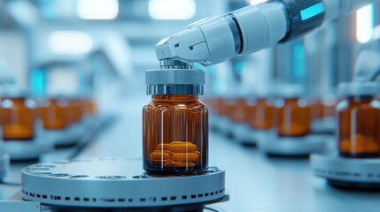 Poster - Advanced Robotic Arm Placing Pills into Amber Pharmaceutical Bottle in Modern Laboratory Environment