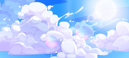 Wall Mural - anime style clouds in sunny sky. white fluffy formations float on blue background. pink tinted cumul