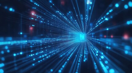 Poster - Abstract digital data stream tunnel with glowing particles and lines.