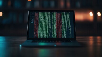 Poster - Modern Laptop Displaying Colorful Code Patterns on Screen in a Dark and Ambient Environment