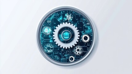 Poster - Circular graphic design with gears, circuit board, and a central processor. Abstract digital technology concept.