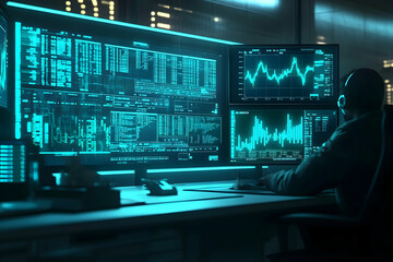Poster - Analyzing financial data on multiple screens in a modern office environment