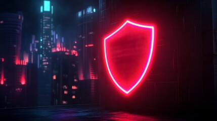 Poster - Cyberpunk cityscape with neon red shield glowing on futuristic building wall at night. Digital protection and cybersecurity concept