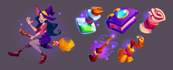 Aufkleber - Game witch character with magical icons. Cheerful spellcaster riding broomstick with fantasy item - potion bottle, enchanted spellbook and mystical wand. Cartoon asset for mobile fantasy RPG interface