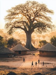 Aufkleber - Children playing near traditional huts under a large baobab tree at sunset in a rural village. Generative AI