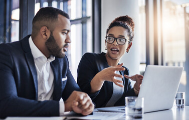 Aufkleber - Business, people or discussion with laptop in office for trial preparation, legal document review and case research. Lawyer, paralegal and meeting with client contract advice, teamwork and strategy