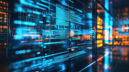 Leinwandbilder - Digital data flow in a futuristic urban environment with glowing lights and screens at night. Generative AI