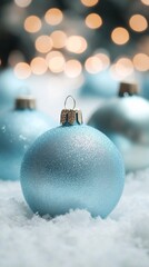 Aufkleber - Close-up of blue Christmas ornaments on snow with warm bokeh lights in background. Festive holiday and decoration concept