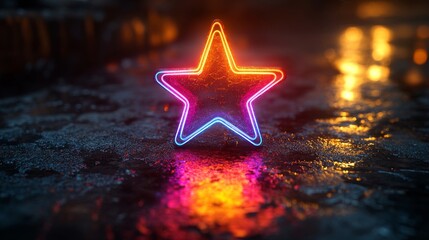 Poster - Glowing neon star on wet asphalt reflecting vibrant colors at night. Urban nightlife and modern art concept
