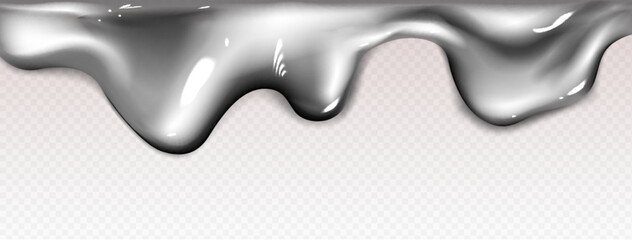 Poster - Silver liquid drip border with flowing metallic substance on transparent background. Glossy chrome edge element with wavy pattern and reflective highlights. Realistic smooth molten boundary design.