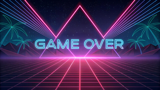 Glowing Neon Game Over Sign in Cyberpunk Style. 