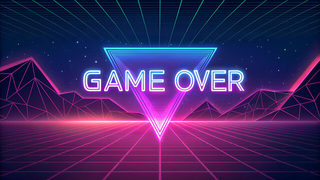 Glowing Neon Game Over Sign in Cyberpunk Style. 