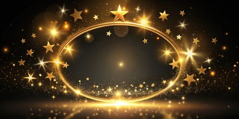 Wall Mural - glowing gold circle stars floating in mid-air against a dark black background with shimmering stars 