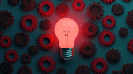 Poster - Light Bulb Illuminating Red Gears on a Dark Background for Innovation, Technology, and Creative Concepts