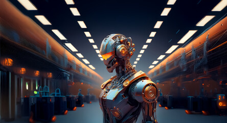 Poster - Metallic humanoid robot with orange glowing eyes stands in a futuristic corridor with bright ceiling lights, creating a technological ambiance.