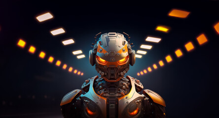 Poster - Futuristic robot with glowing orange eyes in a dark tunnel lit by orange lights. Metallic body, sci-fi concept.