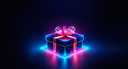 Sticker - a brightly lit gift box outlined in neon blue and pink stands out against a dark background, evoking