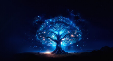 Canvas Print - a luminous tree with glowing lights stands out against the dark night sky. the scene evokes a sense 