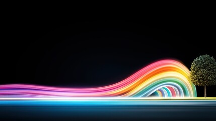 Poster - Light trails from passing cars at night, captured with a long exposure, creating abstract streaks of rainbow colors against a dark cityscape.