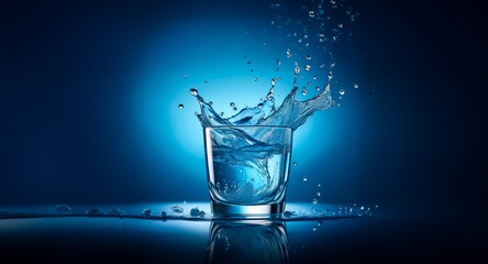 Poster - A glass of clear liquid splashes dynamically, creating motion against a deep blue gradient backdrop with a focused light accentuating the fluid movement.
