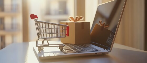 online shopping concept with laptop and cart.