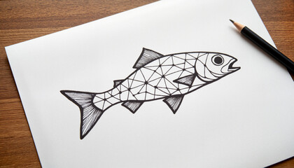 Geometric sardine tattoo design with sharp black lines on clean white paper