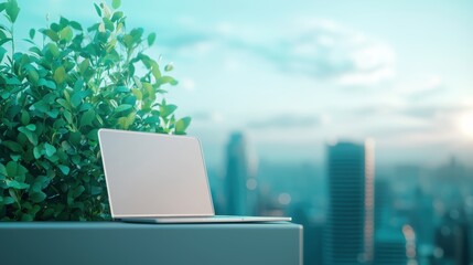 Poster - A work from home desk set up on a balcony, featuring a laptop, a comfortable chair, and a view of the cityscape, highlighting the flexibility and urban lifestyle associated with remote work.