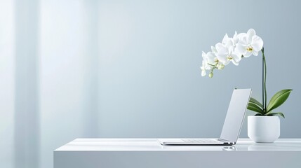 Poster - A sleek, minimalist desk featuring a white tabletop, a silver laptop, and a single white orchid in a minimalist vase, emphasizing clean lines, a clutter free aesthetic, and a sense of tranquility.