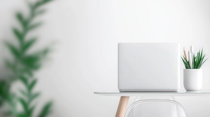 Poster - A minimalist desk with a glass tabletop, reflecting the surrounding minimalist decor, featuring a slim laptop, a transparent chair, and a minimal amount of office supplies, conveying a sense of