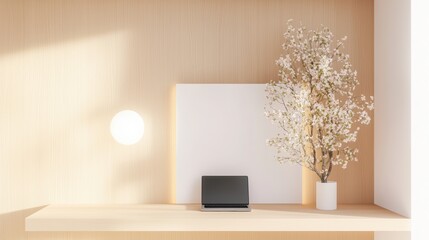 Poster - A minimalist desk built into a wall niche, featuring a laptop, a hidden compartment for storage, and a single, well placed piece of art, demonstrating a space saving and aesthetically pleasing design.