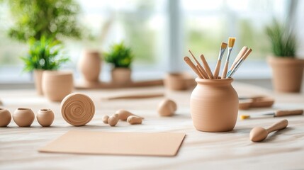 Poster - A creative workspace with a desk adorned with pottery tools, clay, and unfinished ceramic pieces, capturing the tactile and hands on nature of pottery making.