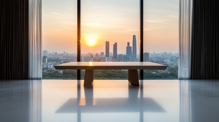 Poster - A corporate office desk with a view of the city skyline through a large window, showcasing a prestigious and aspirational work setting.