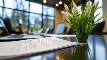 Poster - A corporate office desk during a meeting, with several people seated around the desk, laptops open, and documents spread out, capturing the dynamic and fast paced nature of corporate life.
