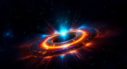 Aufkleber - A vibrant cosmic scene features a bright central light source surrounded by glowing rings and bursts of energy against a dark space background.