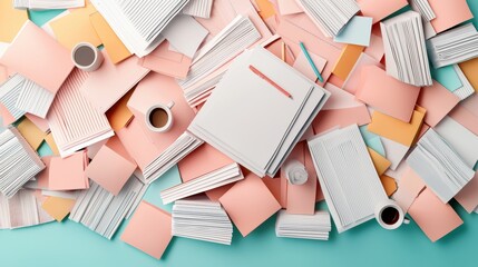 Poster - A chaotically cluttered desk overflowing with papers, folders, coffee mugs, and scattered pens, reflecting a busy and perhaps overwhelming workload.