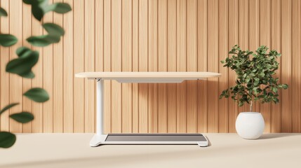 Poster - A standing desk with a treadmill underneath, allowing the user to walk while working, emphasizing a commitment to fitness and productivity.