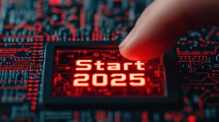Poster - Futuristic Interface with Finger Pressing Start Button 2025 on Digital Circuit Background in Vibrant Red Light