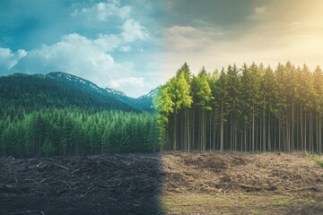 Poster - Contrast between deforested land and thriving forest highlighting the importance of nature conservation. Generative AI